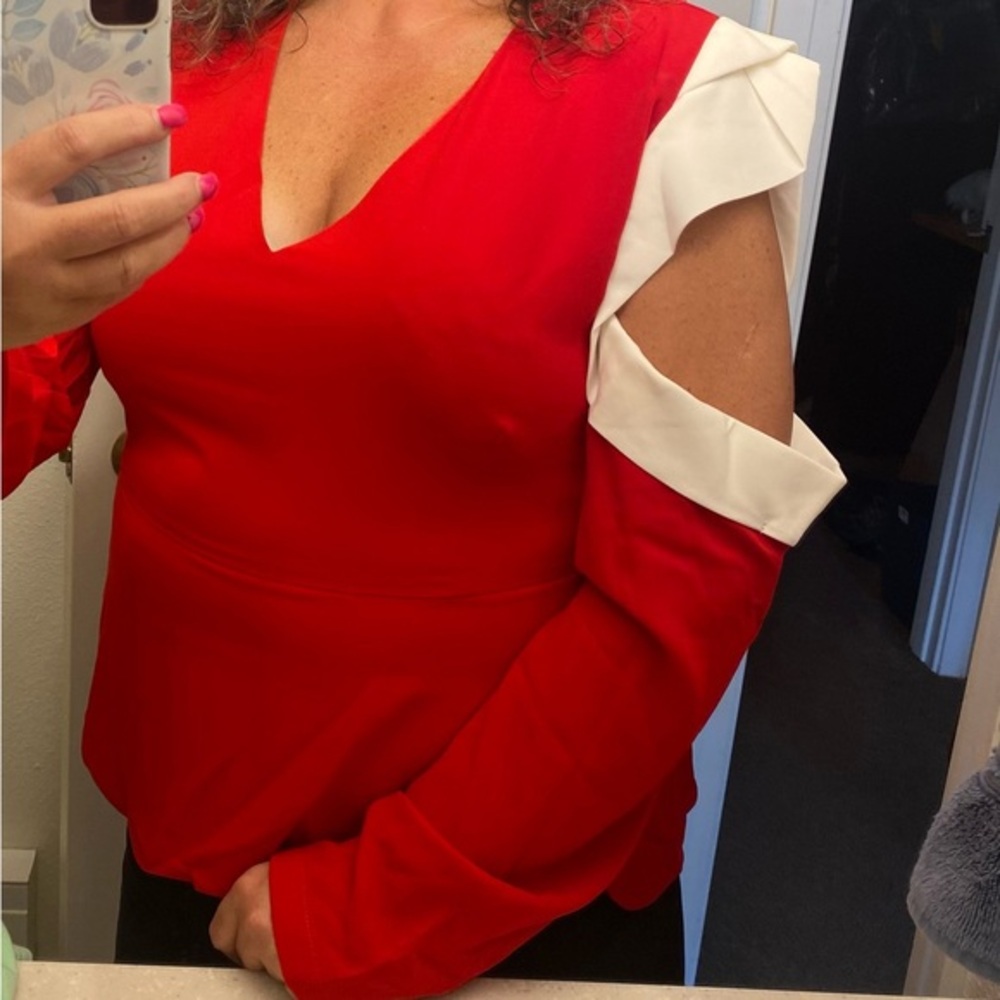 For Her NYC red blouse with white sleeve accents, Sz. 1X
